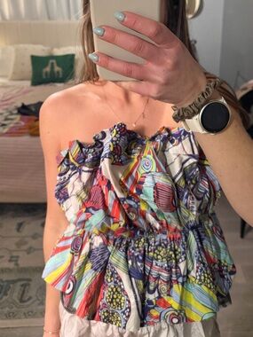 Anthropologie Multicolor Strapless Ruffled Peplum Top